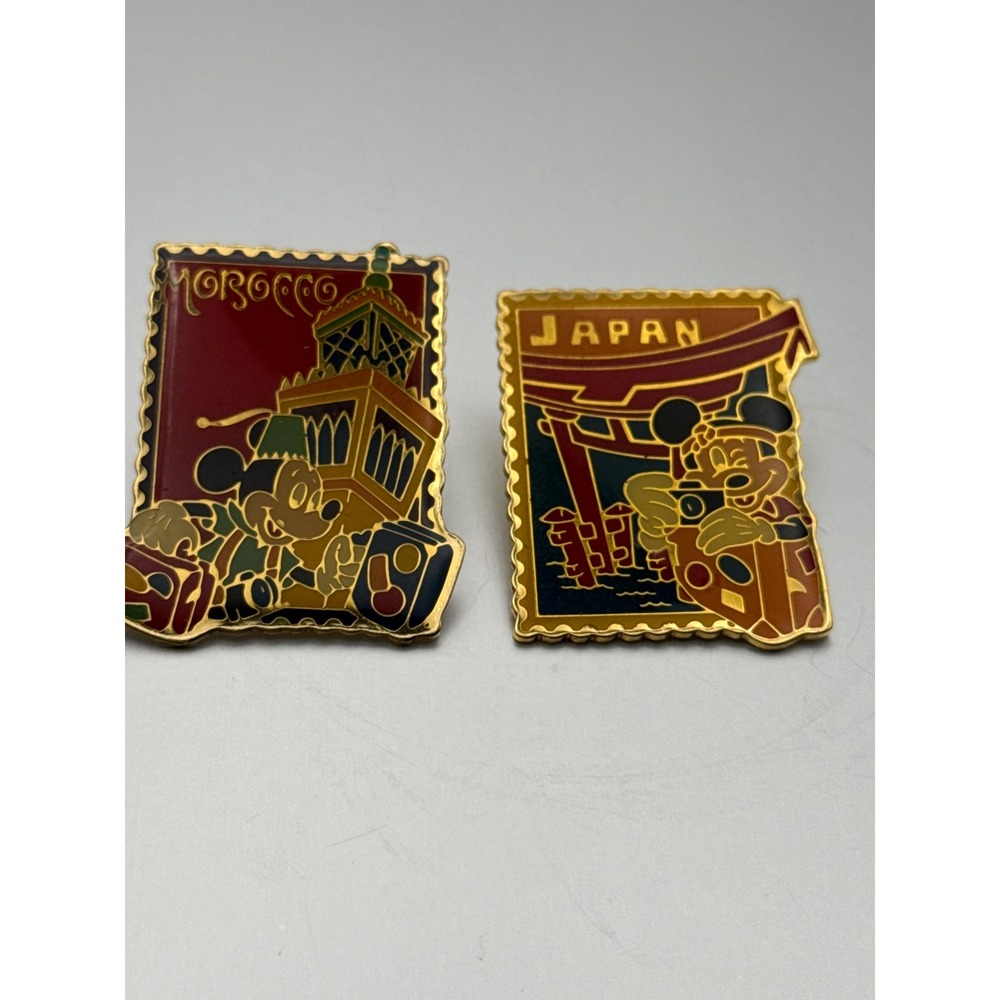 Vintage 1990s Disney Epcot Morocco Japan Mickey Stamp Pin Set